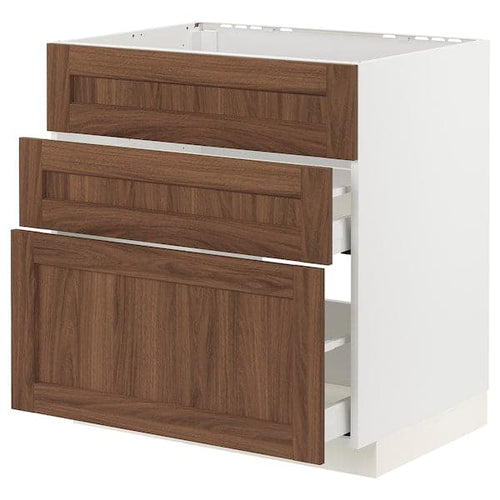 METOD / MAXIMERA - Base cab f sink+3 fronts/2 drawers, white Enköping/brown walnut effect, 80x60 cm