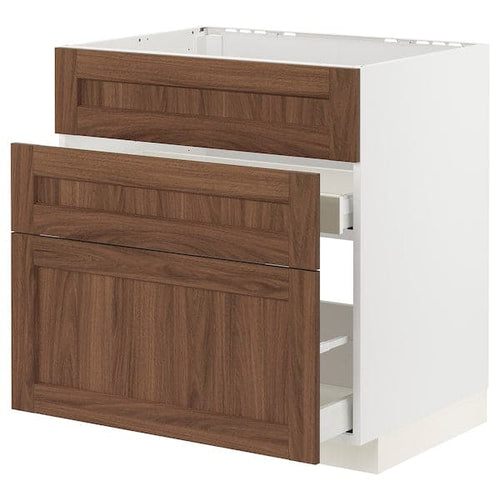 METOD / MAXIMERA - Base cab f sink+3 fronts/2 drawers, white Enköping/brown walnut effect, 80x60 cm