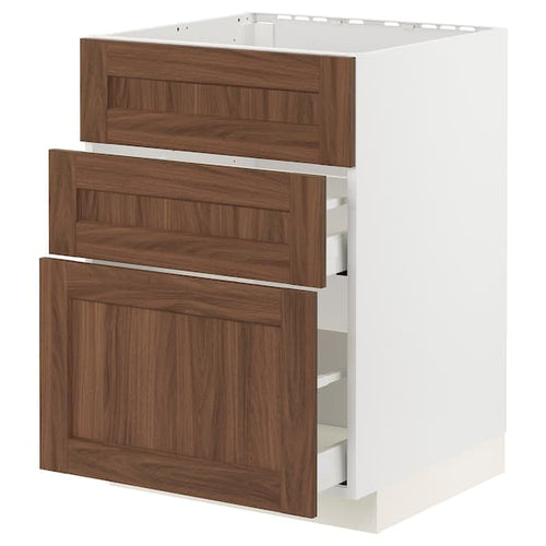 METOD / MAXIMERA - Base cab f sink+3 fronts/2 drawers, white Enköping/brown walnut effect, 60x60 cm