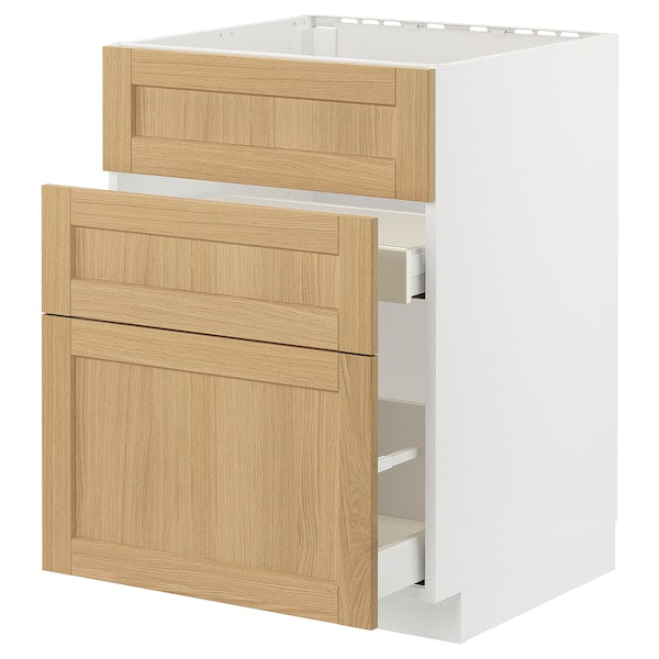 METOD / MAXIMERA - Base cab f sink+3 fronts/2 drawers, white/Forsbacka oak, 60x60 cm