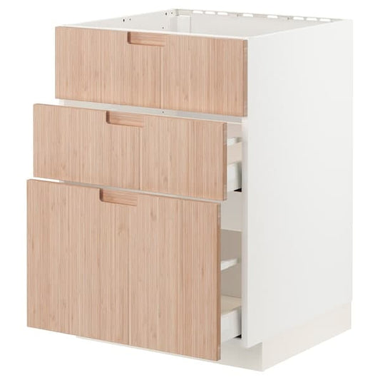 METOD / MAXIMERA - Base cab f sink+3 fronts/2 drawers, white/Fröjered light bamboo, 60x60 cm - best price from Maltashopper.com 69330258