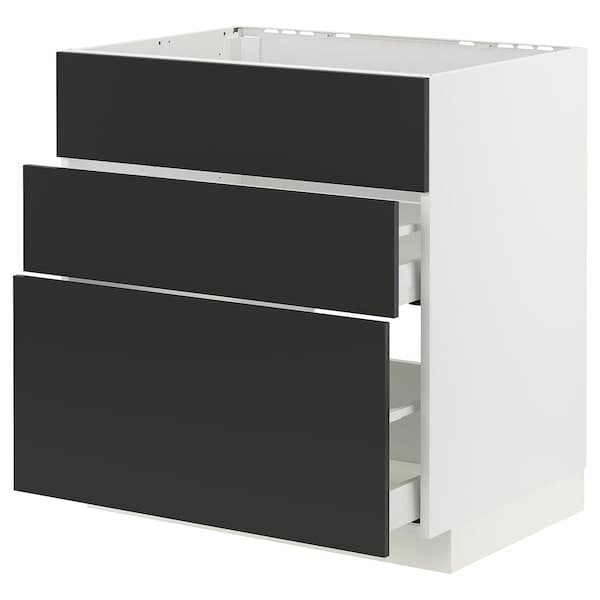 METOD / MAXIMERA - Base cab f sink+3 fronts/2 drawers, white/Nickebo matt anthracite, 80x60 cm - best price from Maltashopper.com 19498448