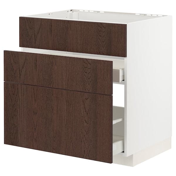 METOD / MAXIMERA - Base cab f sink+3 fronts/2 drawers, white/Sinarp brown, 80x60 cm