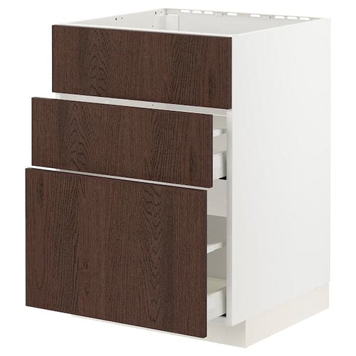 METOD / MAXIMERA - Base cab f sink+3 fronts/2 drawers, white/Sinarp brown , 60x60 cm