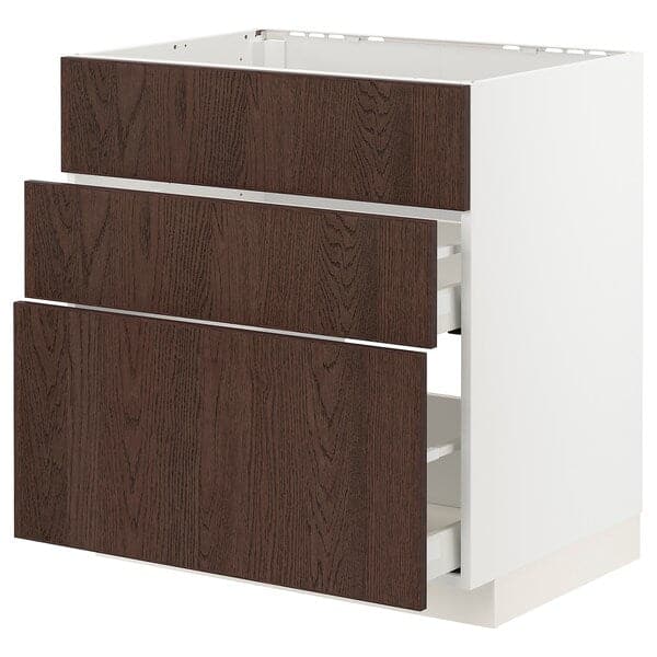 METOD / MAXIMERA - Base cab f sink+3 fronts/2 drawers, white/Sinarp brown, 80x60 cm - best price from Maltashopper.com 39404458