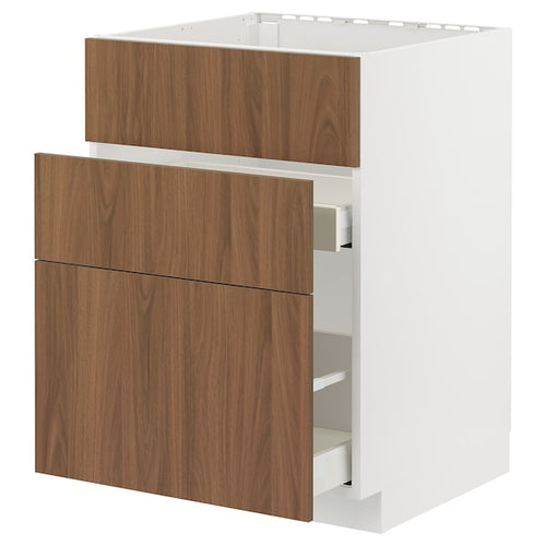 METOD / MAXIMERA - Base cab f sink+3 fronts/2 drawers, white/Tistorp brown walnut effect, 60x60 cm