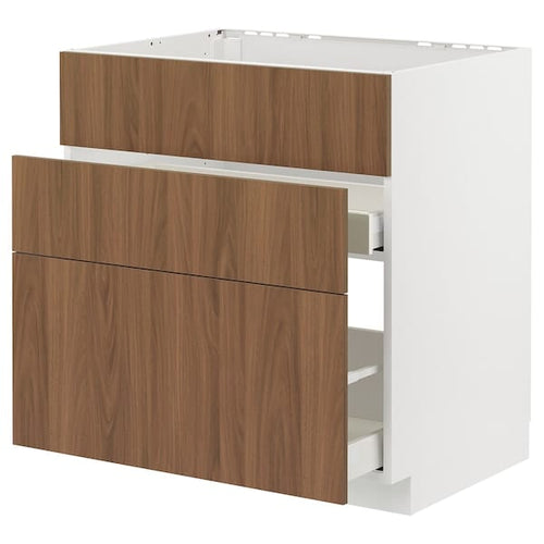 METOD / MAXIMERA - Base cab f sink+3 fronts/2 drawers, white/Tistorp brown walnut effect, 80x60 cm