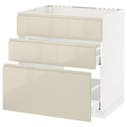 METOD / MAXIMERA - Base cab f sink+3 fronts/2 drawers, white/Voxtorp high-gloss light beige, 80x60 cm