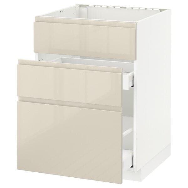 METOD / MAXIMERA - Base cab f sink+3 fronts/2 drawers, white/Voxtorp high-gloss light beige , 60x60 cm - best price from Maltashopper.com 79168039