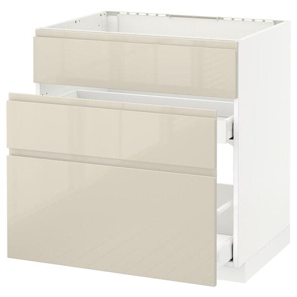 Ikea METOD / MAXIMERA - Base cab f sink+3 fronts/2 drawers, white/Voxtorp high-gloss light beige, 80x60 cm