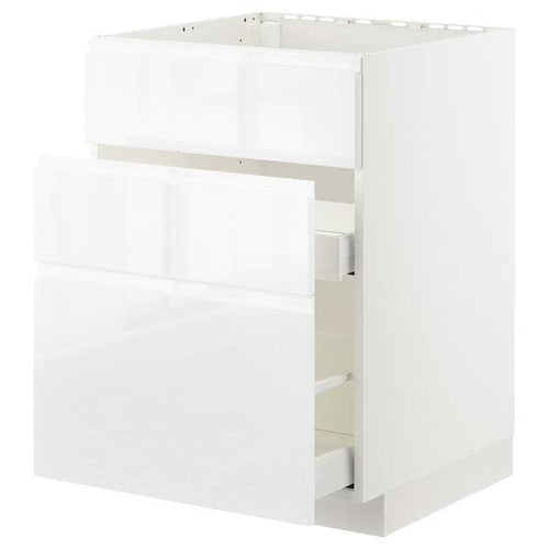 METOD / MAXIMERA - Base cab f sink+3 fronts/2 drawers, white/Voxtorp high-gloss/white, 60x60 cm
