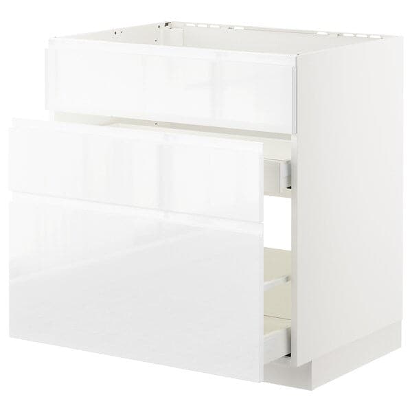 METOD / MAXIMERA - Base cab f sink+3 fronts/2 drawers, white/Voxtorp high-gloss/white, 80x60 cm