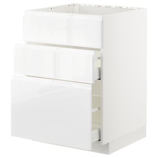 METOD / MAXIMERA - Base cab f sink+3 fronts/2 drawers, white/Voxtorp high-gloss/white, 60x60 cm