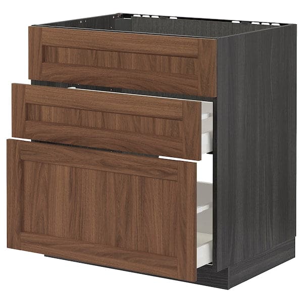 METOD / MAXIMERA - Base cab f sink+3 fronts/2 drawers, black Enköping/brown walnut effect, 80x60 cm - best price from Maltashopper.com 59476661