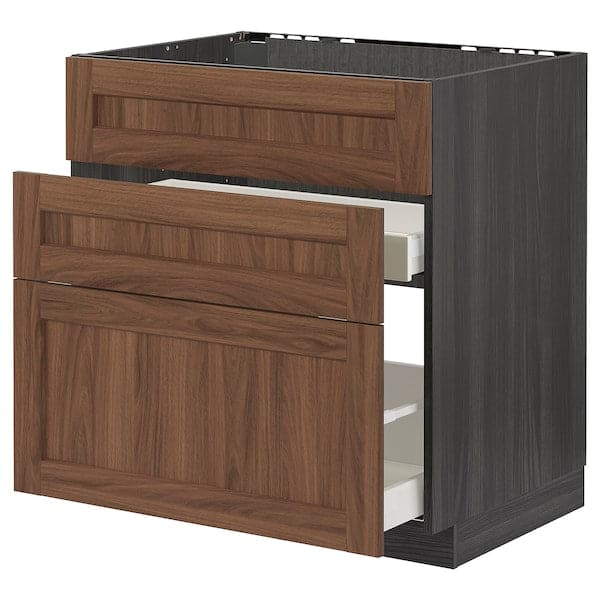 METOD / MAXIMERA - Base cab f sink+3 fronts/2 drawers, black Enköping/brown walnut effect, 80x60 cm