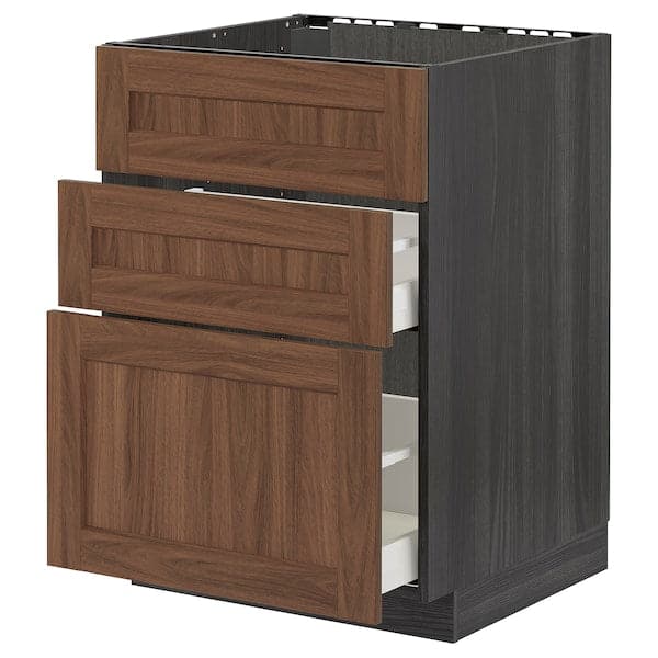 METOD / MAXIMERA - Base cab f sink+3 fronts/2 drawers, black Enköping/brown walnut effect, 60x60 cm - best price from Maltashopper.com 79476660