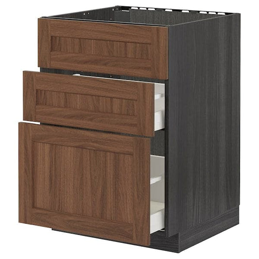 METOD / MAXIMERA - Base cab f sink+3 fronts/2 drawers, black Enköping/brown walnut effect, 60x60 cm - best price from Maltashopper.com 79476660