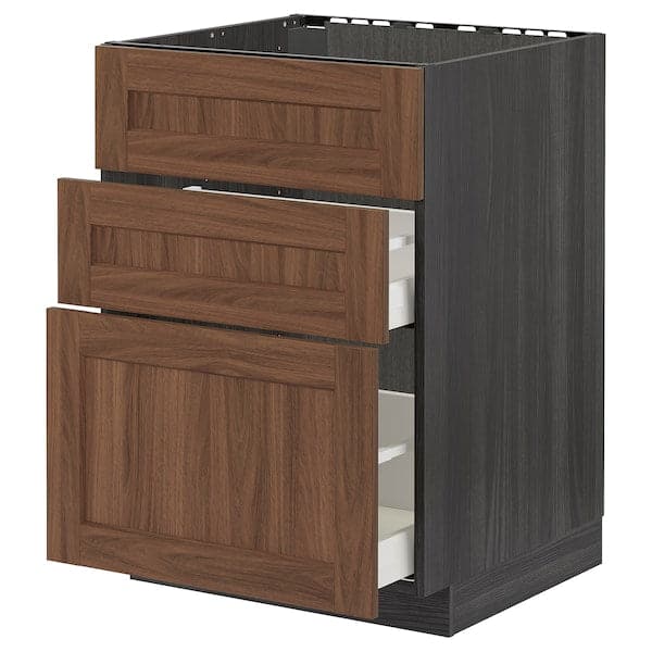 METOD / MAXIMERA - Base cab f sink+3 fronts/2 drawers, black Enköping/brown walnut effect, 60x60 cm