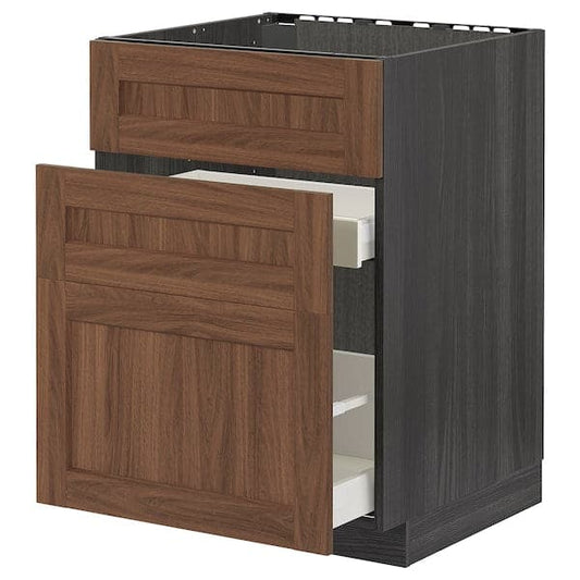 METOD / MAXIMERA - Base cab f sink+3 fronts/2 drawers, black Enköping/brown walnut effect, 60x60 cm - best price from Maltashopper.com 89476650