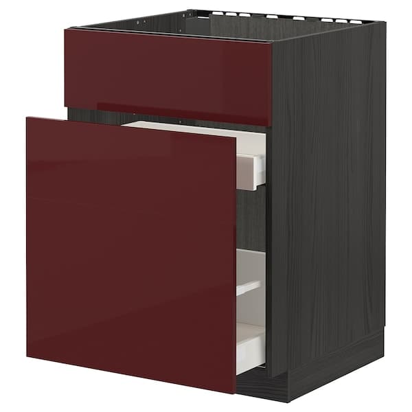METOD / MAXIMERA - Base cab f sink+3 fronts/2 drawers, black Kallarp/high-gloss dark red-brown, 60x60 cm - best price from Maltashopper.com 09327777