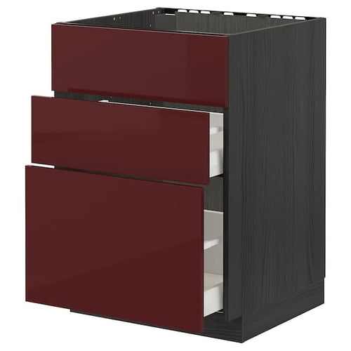METOD / MAXIMERA - Base cab f sink+3 fronts/2 drawers, black Kallarp/high-gloss dark red-brown , 60x60 cm