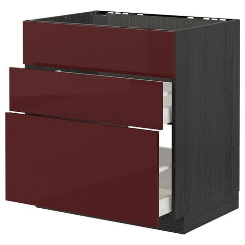 METOD / MAXIMERA - Base cab f sink+3 fronts/2 drawers, black Kallarp/high-gloss dark red-brown , 80x60 cm