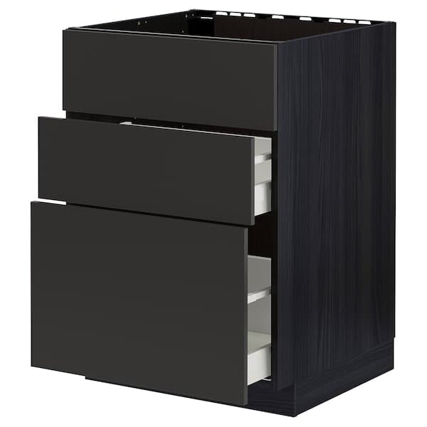 Ikea METOD / MAXIMERA - Base cab f sink+3 fronts/2 drawers, black/Nickebo matt anthracite, 60x60 cm