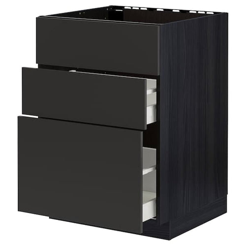 METOD / MAXIMERA - Base cab f sink+3 fronts/2 drawers, black/Nickebo matt anthracite, 60x60 cm