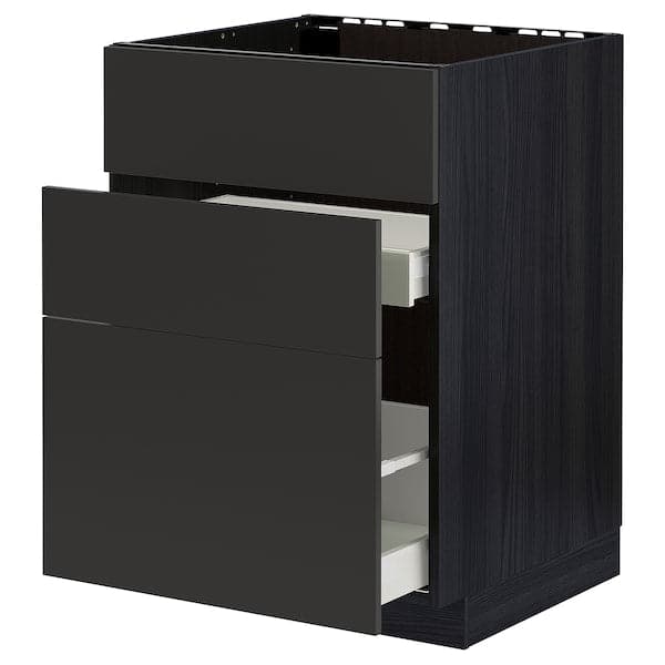 Ikea METOD / MAXIMERA - Base cab f sink+3 fronts/2 drawers, black/Nickebo matt anthracite, 60x60 cm
