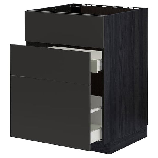 Ikea METOD / MAXIMERA - Base cab f sink+3 fronts/2 drawers, black/Nickebo matt anthracite, 60x60 cm