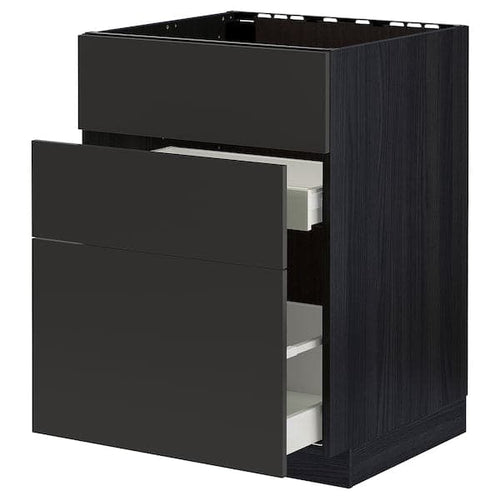 METOD / MAXIMERA - Base cab f sink+3 fronts/2 drawers, black/Nickebo matt anthracite, 60x60 cm