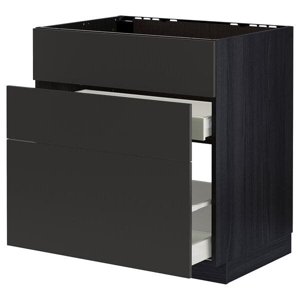 METOD / MAXIMERA - Base cab f sink+3 fronts/2 drawers, black/Nickebo matt anthracite, 80x60 cm - best price from Maltashopper.com 99498133