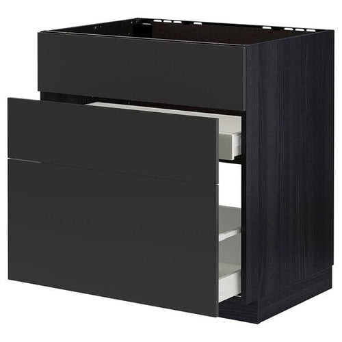 METOD / MAXIMERA - Base cab f sink+3 fronts/2 drawers, black/Nickebo matt anthracite, 80x60 cm
