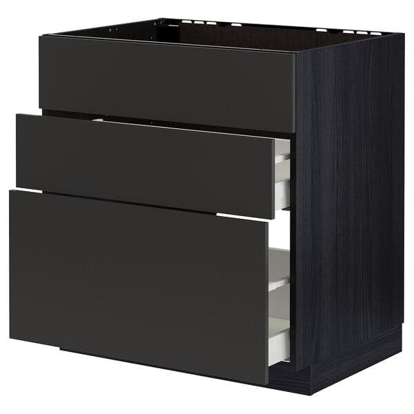 METOD / MAXIMERA - Base cab f sink+3 fronts/2 drawers, black/Nickebo matt anthracite, 80x60 cm