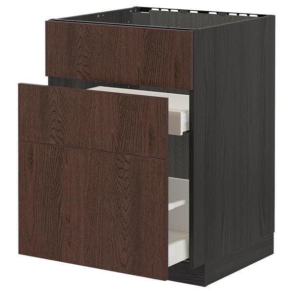 METOD / MAXIMERA - Base cab f sink+3 fronts/2 drawers, black/Sinarp brown, 60x60 cm