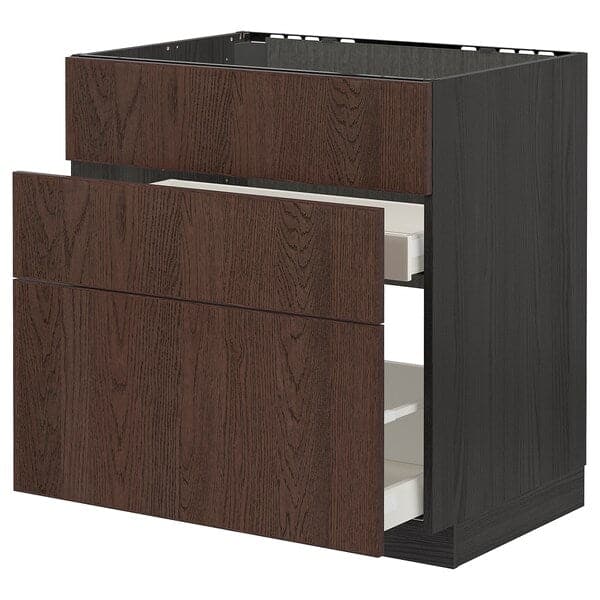 METOD / MAXIMERA - Base cab f sink+3 fronts/2 drawers, black/Sinarp brown, 80x60 cm - best price from Maltashopper.com 19405675