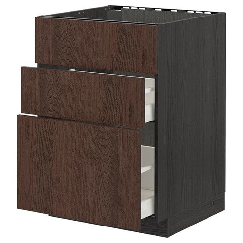 METOD / MAXIMERA - Base cab f sink+3 fronts/2 drawers, black/Sinarp brown, 60x60 cm