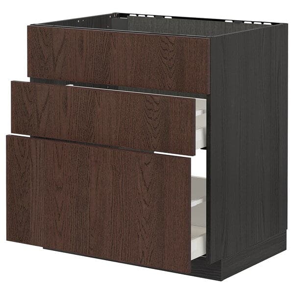 METOD / MAXIMERA - Base cab f sink+3 fronts/2 drawers, black/Sinarp brown , 80x60 cm