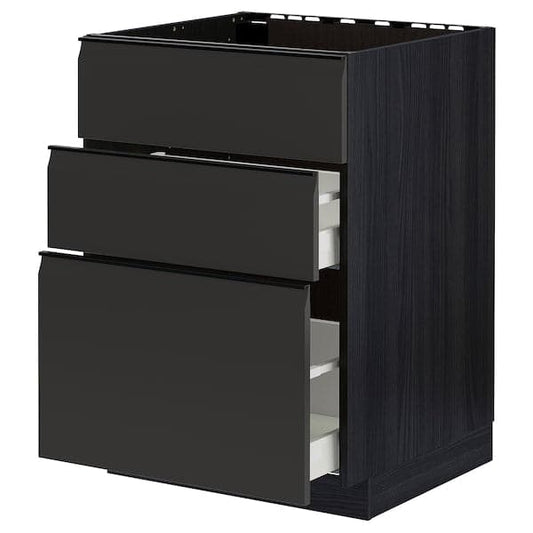 Ikea METOD / MAXIMERA - Base cab f sink+3 fronts/2 drawers, black/Upplöv matt anthracite, 60x60 cm