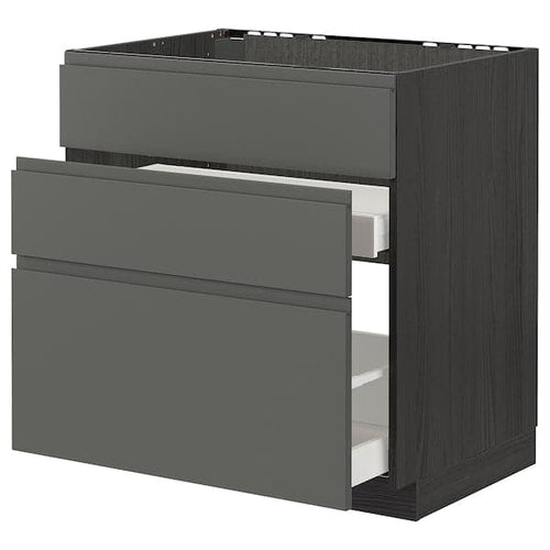 METOD / MAXIMERA - Base cab f sink+3 fronts/2 drawers, black/Voxtorp dark grey, 80x60 cm