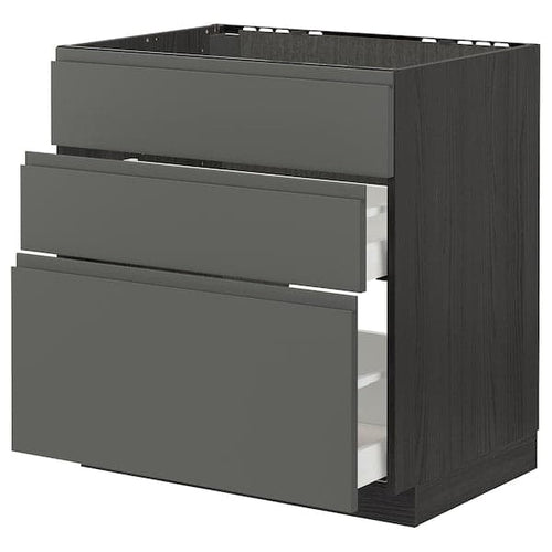 METOD / MAXIMERA - Base cab f sink+3 fronts/2 drawers, black/Voxtorp dark grey, 80x60 cm