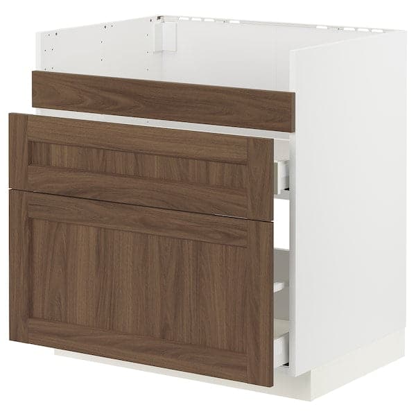 METOD / MAXIMERA - Base cb f HAVSEN snk/3 frnts/2 drws, white Enköping/brown walnut effect, 80x60 cm