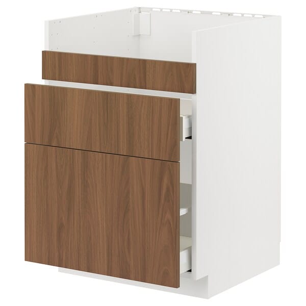 Ikea METOD / MAXIMERA - Base cb f HAVSEN snk/3 frnts/2 drws, white/Tistorp brown walnut effect, 60x60 cm