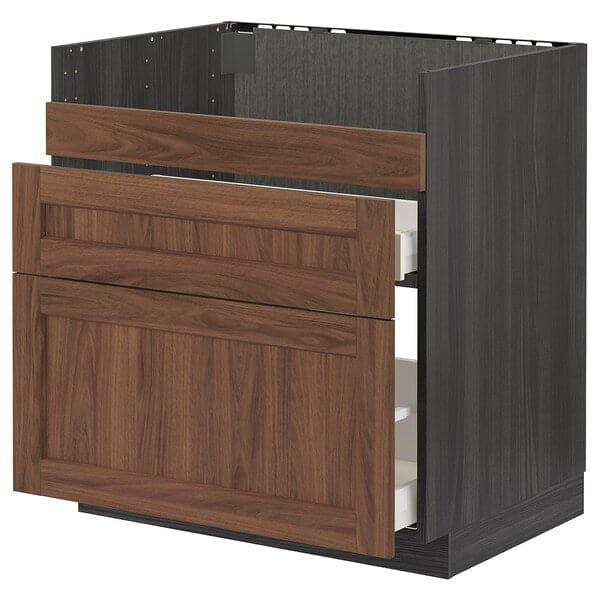 METOD / MAXIMERA - Base cb f HAVSEN snk/3 frnts/2 drws, black Enköping/brown walnut effect, 80x60 cm