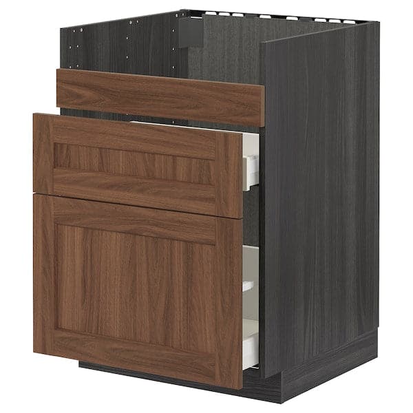 Ikea METOD / MAXIMERA - Base cb f HAVSEN snk/3 frnts/2 drws, black Enköping/brown walnut effect, 60x60 cm
