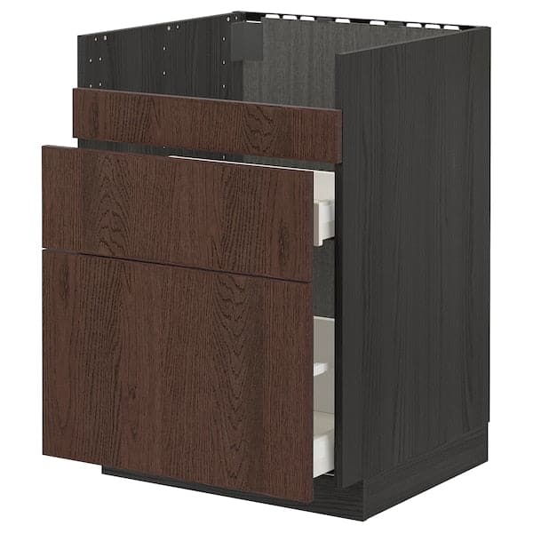 METOD / MAXIMERA - Base cb f HAVSEN snk/3 frnts/2 drws, black/Sinarp brown , 60x60 cm - best price from Maltashopper.com 59405739