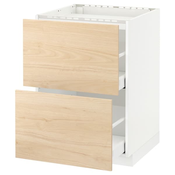 METOD / MAXIMERA - Base cab f hob/2 fronts/2 drawers, white/Askersund light ash effect, 60x60 cm