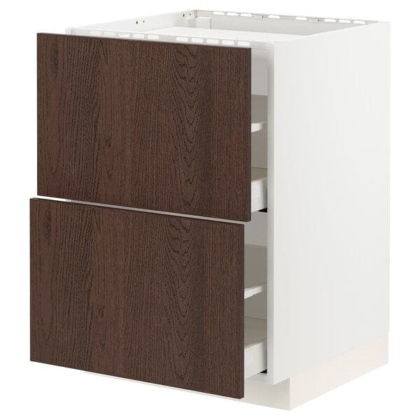METOD / MAXIMERA - Base cab f hob/2 fronts/2 drawers, white/Sinarp brown , 60x60 cm - best price from Maltashopper.com 29404307