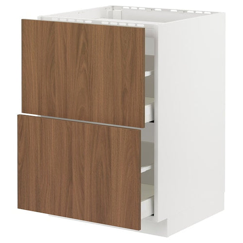 METOD / MAXIMERA - Base cab f hob/2 fronts/2 drawers, white/Tistorp brown walnut effect, 60x60 cm