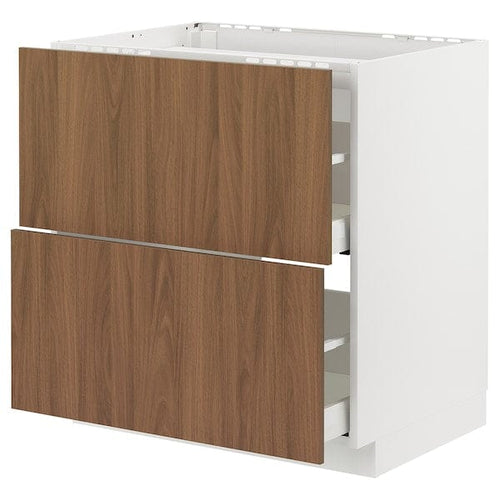 METOD / MAXIMERA base cab f hob/2 fronts/2 drawers, white/Tistorp brown walnut effect, 80x60 cm